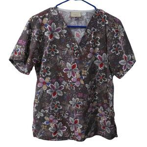Tafford Black Floral V-Neck Medical Scrub Top Women Sz XS Big Pockets Work